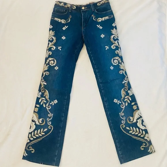 Y2K Roberto Cavalli RARE Metallic Embroidered Floral Print Vintage Denim Jeans